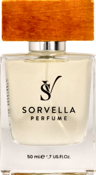 Sorvella Perfume 50ml, zapach męski, w szklanej butelce z beżowym płynem i drewnianym korkiem, widok z przodu.