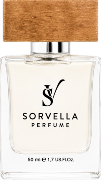 Perfumy Sorvella męskie 50 ml, w kwadratowej szklanej butelce z drewnianym korkiem, widok z przodu.