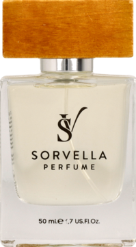 Sorvella Perfume 50ml: szklana butelka z brązową drewnianą nakrętką i czarnym logo SV, widok z przodu.