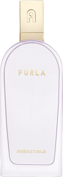 Perfumy Furla Irresistibile, prostokątna butelka z matowego szkła w odcieniu lawendy, złoty korek i napisy, front.