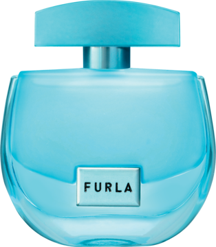 Furla Unica EDP w jasnoniebieskim, zaokrąglonym flakonie ze srebrnym akcentem i napisem, widok z przodu.
