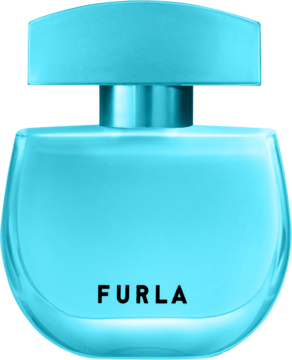 Furla Unica woda perfumowana. Jasnoniebieska, owalna butelka z napisem FURLA, pasująca nakrętka, widok z przodu.