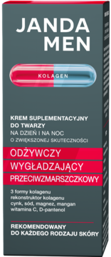 Front ciemnoszarego opakowania kremu Janda Men kolagenowego do twarzy dla mężczyzn, dzień/noc, odżywczy i wygładzający.