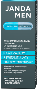 JANDA MEN krem do twarzy z kwasem hialuronowym, szare pudełko, widok z przodu. Nawilżający, przeciwstarzeniowy.