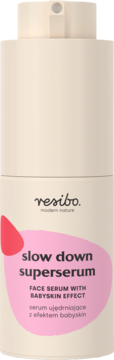 Resibo Slow Down Superserum, beżowa butelka z pompką. Ujędrniające serum do twarzy z efektem babyskin.