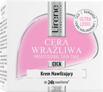 Białe opakowanie kremu Lirene Cera Wrażliwa CICA nawilżającego, z różowym motywem i srebrnym logo, widok z przodu.