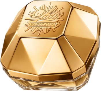 Złota, fasetowana butelka perfum Paco Rabanne Lady Million Fabulous, z góry widoczny napis Lady FABULOUS.