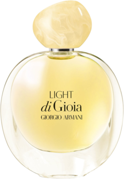 Woda perfumowana Light Di Gioia Giorgio Armani w okrągłej, szklanej butelce z żółtym płynem i marmurkową nakrętką.