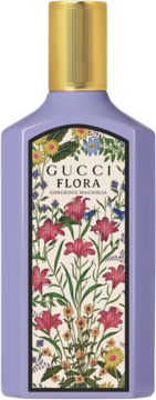 Liliowa butelka perfum Gucci Flora Gorgeous Magnolia, przód z kwiecistym wzorem i złotą zakrętką.