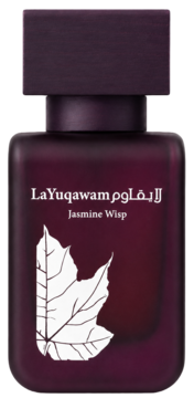 La Yuqawam Jasmine Wisp perfumy, ciemnofioletowa butelka z białym napisem i grafiką liścia, widok z przodu.