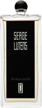 Flakon perfum Serge Lutens Un bois vanille z czarnym panelem i srebrnymi napisami, widok z przodu.