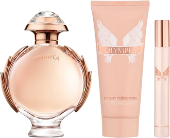 Paco Rabanne Olympea: flakon EDP z różowo-złotymi zdobieniami, balsam i miniatura w jasnoróżowym kolorze na czerni.