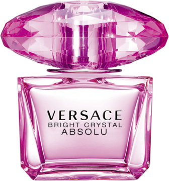 Różowa butelka wody perfumowanej Versace Bright Crystal Absolu dla kobiet, z fasetowanym korkiem, widok z przodu.
