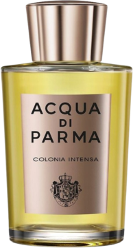 Acqua di Parma Colonia Intensa, złocisty flakon wody kolońskiej z miedzianą etykietą, widok frontalny.
