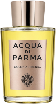 Acqua di Parma Colonia Intensa, woda kolońska w szklanej butelce z bursztynowym płynem, beżową etykietą, widok z przodu.