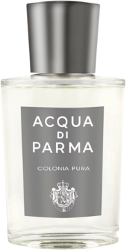 Acqua di Parma Colonia Pura woda kolońska, przezroczysta butelka z szarą etykietą i srebrną nakrętką, widok z przodu.