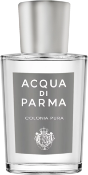 Acqua di Parma Colonia Pura woda kolońska, butelka z przezroczystego szkła, szara etykieta, srebrna nakrętka, front.
