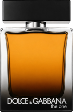 Perfumy Dolce & Gabbana The One For Men, bursztynowy płyn w prostokątnej butelce z czarnym korkiem, widok z przodu.
