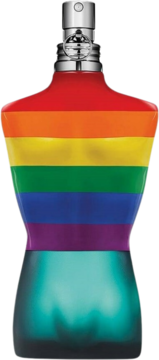 Le Male Pride Collector Jean Paul Gaultier perfum w tęczowej butelce w kształcie torsu, widok z przodu.