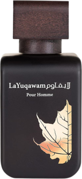 Flakon perfum La Yuqawam Pour Homme, czarny matowy, z brązową drewnianą nakrętką i złotym liściem, z przodu.