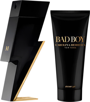 Zestaw Carolina Herrera Bad Boy: czarna woda toaletowa w butelce błyskawicy z złotym akcentem i żel pod prysznic 100ml.