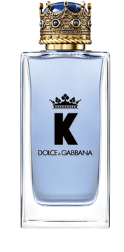 K by Dolce & Gabbana woda toaletowa, prostokątna butelka z błękitnym płynem, złotą nakrętką w kształcie korony.