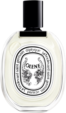 Diptyque Olene Eau de Toilette: przezroczysta, owalna butelka perfum z białą etykietą i czarną nakrętką, widok z przodu.