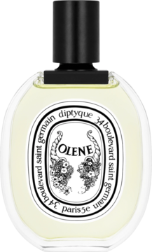 Diptyque Olene, owalna butelka perfum z żółtym płynem, czarną zakrętką i białą etykietą z kwiatowym motywem, widok z przodu.