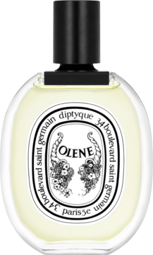 Diptyque Olene perfumy, owalna butelka z jasnym płynem, czarna zakrętka, biała etykieta z kwiatowym wzorem.