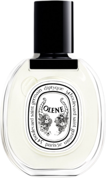 Diptyque Olene, woda perfumowana w owalnej, przezroczystej butelce z czarnym korkiem i białą etykietą, widok z przodu.