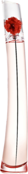 Kenzo Flower L'absolue EDP: Przezroczysta, wysoka butelka o falistym kształcie z czerwoną łodygą maku w środku.
