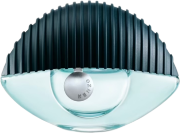 Kenzo World woda perfumowana: turkusowa butelka w kształcie oka z ciemnym, żebrowanym korkiem, widok z przodu.