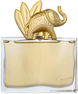 Przezroczysta butelka perfum Jungle L'Elephant Kenzo, złoty płyn i korek w kształcie słonia z liśćmi.
