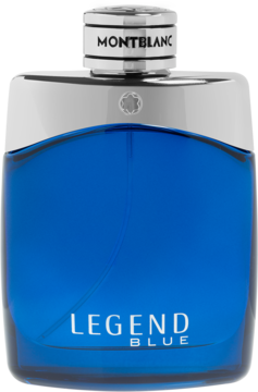 Błękitna woda perfumowana Montblanc Legend Blue dla mężczyzn, elegancka butelka z srebrną nakrętką, przód.
