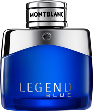 Montblanc Legend Blue woda perfumowana w eleganckiej, głęboko niebieskiej butelce z srebrnym korkiem, widok z przodu.