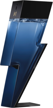 Carolina Herrera Bad Boy Cobalt woda perfumowana w ciemnoniebieskiej butelce w kształcie błyskawicy, widok z boku.