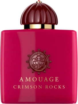 Amouage Crimson Rocks, szkarłatne perfumy w błyszczącej butelce z prążkowanym korkiem, widok z przodu.