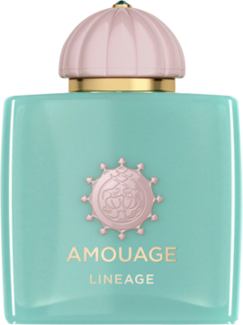 Perfumy Amouage Lineage w turkusowej, prostokątnej butelce. Różowa, rzeźbiona zakrętka, złote detale. Widok z przodu.