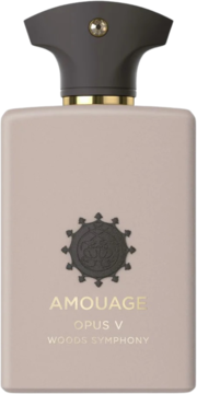 Perfumy Amouage Opus V Woods Symphony w beżowej butelce z reliefowym godłem i szarą nakrętką, widok z przodu.