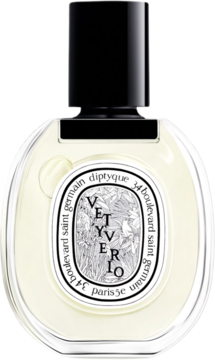 Diptyque Vetyverio, butelka perfum z czarnym korkiem, jasne szkło, biała etykieta Vetyverio, ujęcie frontalne.