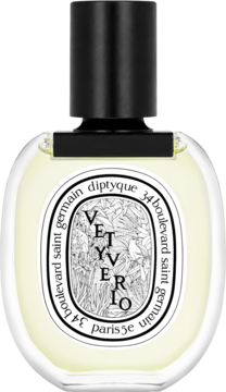 Diptyque Vetyverio perfumy, owalna butelka z czarnym korkiem, botaniczna etykieta, front na czarnym tle.