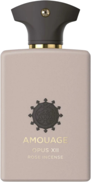 Amouage Opus XII Rose Incense: beżowa butelka perfum unisex, ciemna nakrętka, złote detale, widok z przodu.