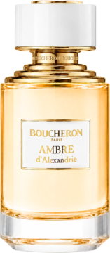 Flakon wody perfumowanej Boucheron Ambre d'Alexandrie. Bursztynowy płyn, biała nakrętka, złote akcenty, widok z przodu.