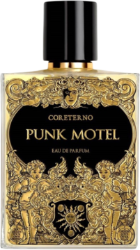 Coreterno Punk Motel EDP w eleganckiej szklanej butelce z czarno-złotą ozdobną etykietą, widok z przodu.