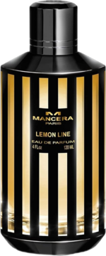 Butelka Mancera Lemon Line Eau de Parfum, czarna z pionowymi złotymi paskami, widok z przodu.