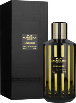 Mancera Lemon Line cytrusowy zapach, czarna butelka w złote pionowe paski, obok czarne pudełko.