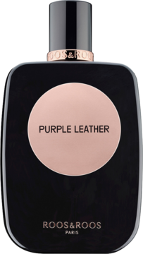 Czarny flakon perfum Roos & Roos Purple Leather z okrągłą, miedzianą etykietą, widok z przodu.