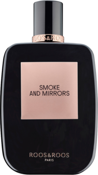 Czarne, prostokątne perfumy Roos & Roos Smoke and Mirrors z miedzianą etykietą, widok z przodu.