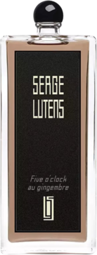 Perfume Serge Lutens Five o'clock Au Gingembre, clear bottle with black label and gold text, front view.