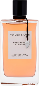 Perfumy Van Cleef & Arpels Rose Rouge w butelce z różowym płynem, etykietą i zawieszką, widok z przodu.